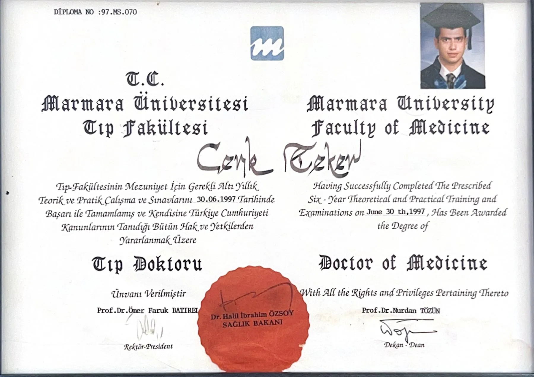 Marmara University Faculty of Medicine diploma of Cenk Teker, Doctor of Medicine, 30 June 1997, diploma no. 97.MS.070